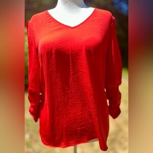 NWOT Red Aurora Blouse Size M V-Neck Gathered Sleeves
